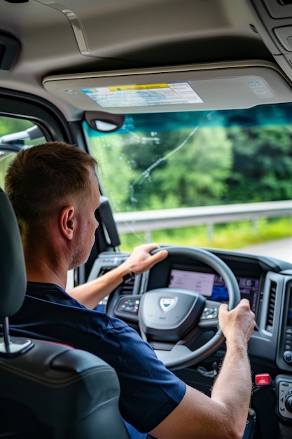 Free photo medium shot man driving truck