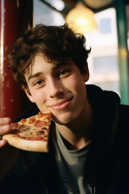 Free photo medium shot man eating delicious pizza