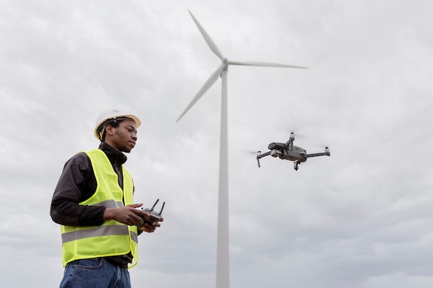 Medium shot man engineer controlling drone