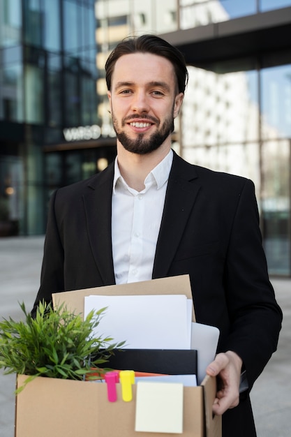 Medium shot man holding cardboard box