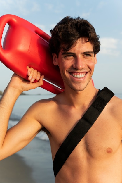 Medium shot man holding lifesaving buoy