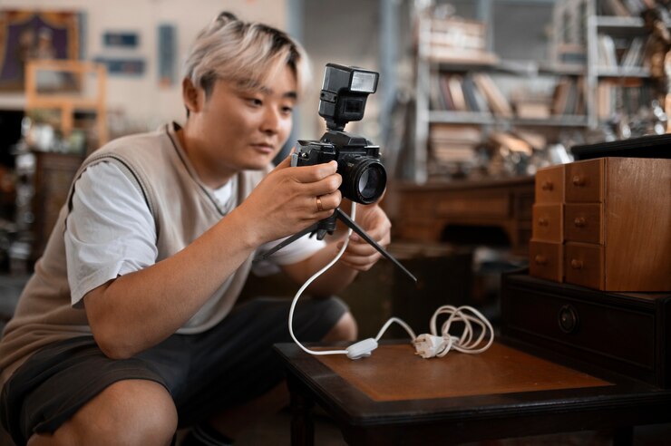 무료 Photo 중간 샷 남자 사진 카메라를 들고