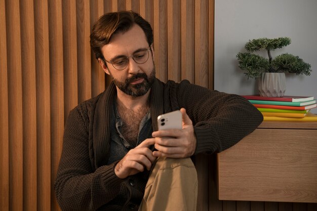 Medium shot man holding smartphone