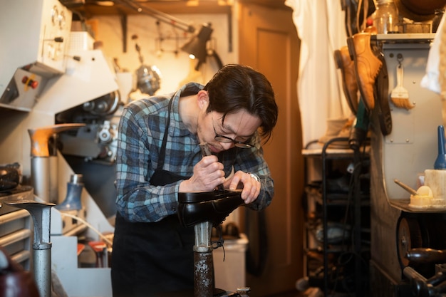 Free photo medium shot man making shoes