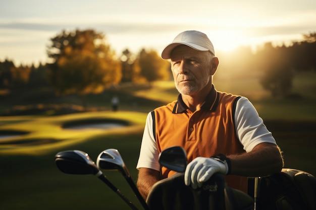 Foto gratuita uomo di media taglia che gioca a golf in natura