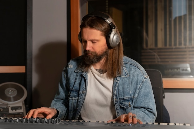 Free photo medium shot man playing the piano in studio