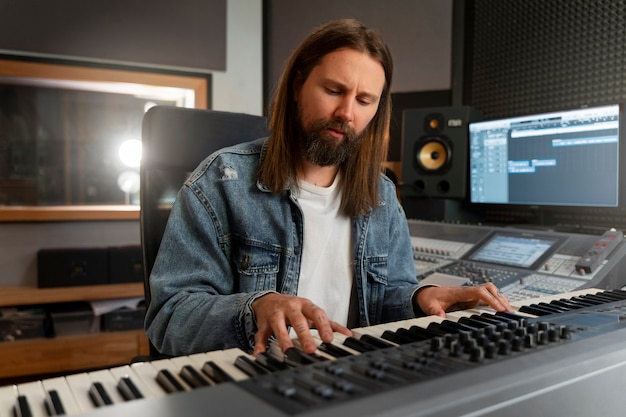 Foto gratuita uomo del piano medio che suona il pianoforte in studio