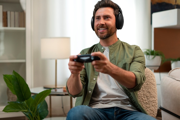 Free Photo medium shot man playing videogames