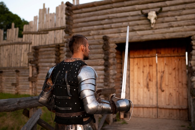 Medium shot man posing as a medieval soldier