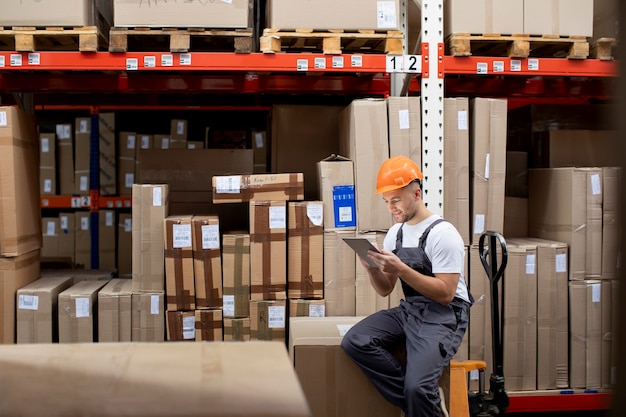 Medium shot man sitting in warehouse