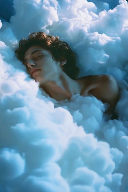 Free photo medium shot man sleeping on clouds