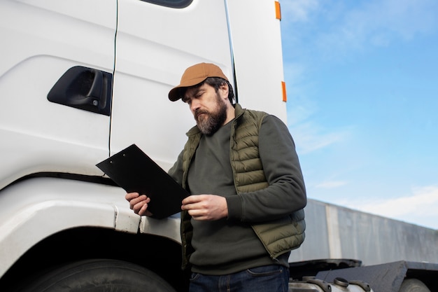 Free photo medium shot man standing near truck