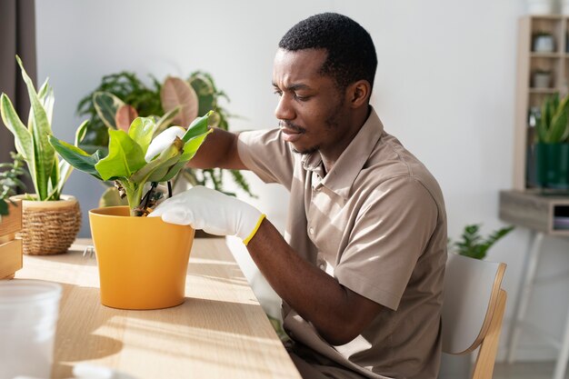 Medium shot man taking care of plants