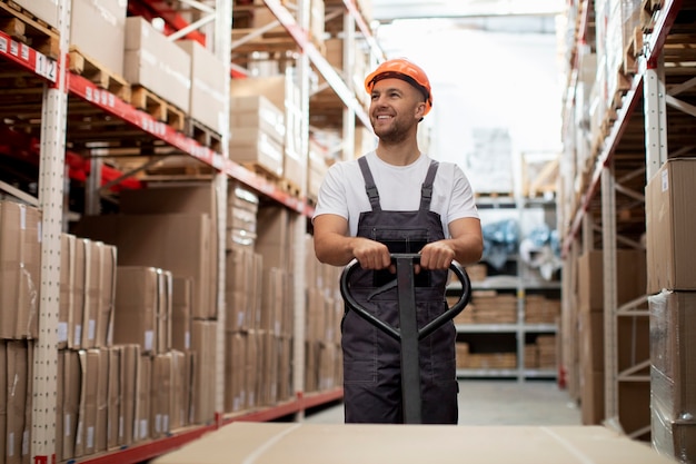 Medium shot man walking in warehouse