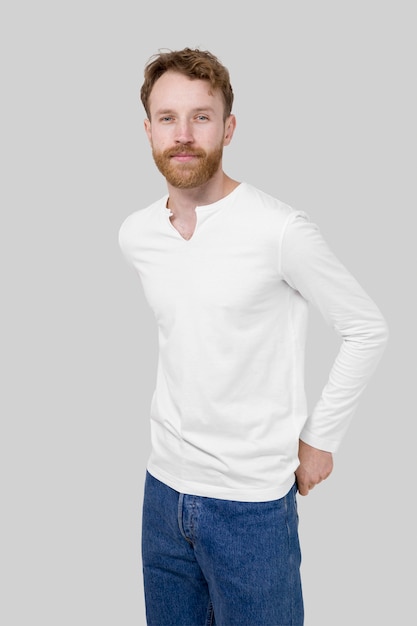 Medium shot man wearing blank shirt