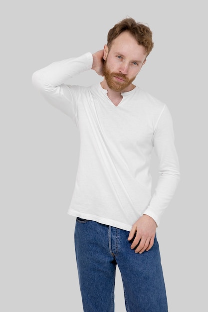 Medium shot man wearing blank shirt