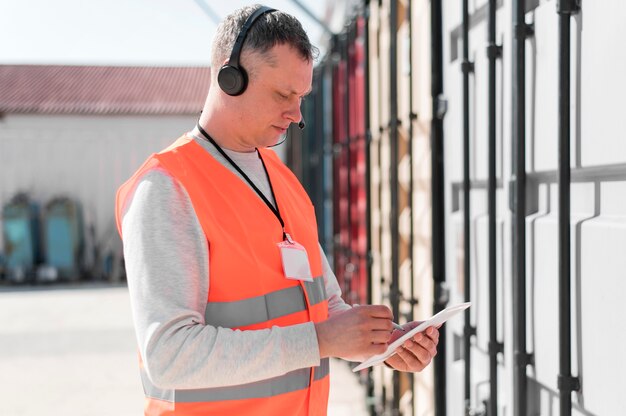 Medium shot man wearing headphones