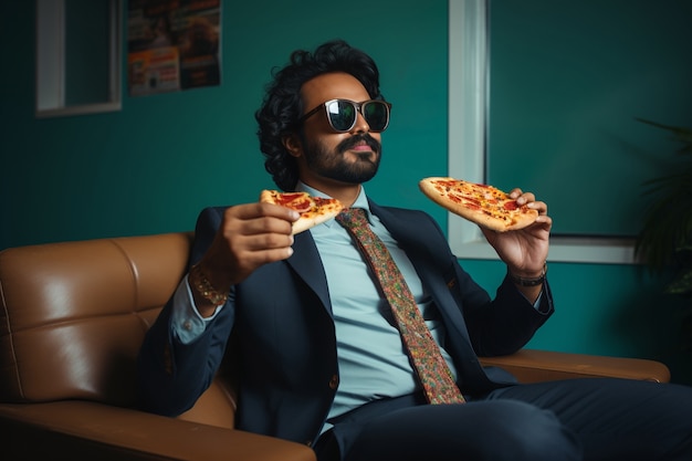 Foto gratuita uomo dal tiro medio con una pizza deliziosa