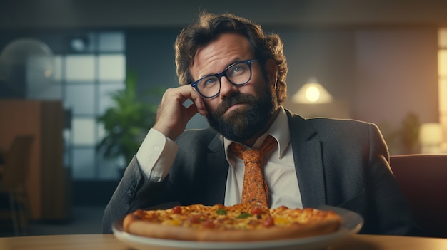 Medium shot man with delicious pizza