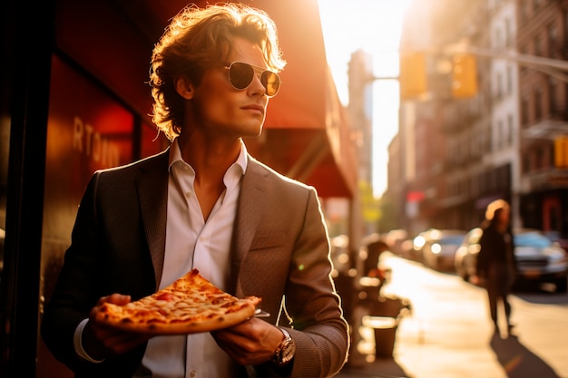 Foto gratuita uomo dal tiro medio con una pizza deliziosa