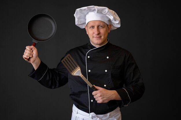 Medium shot man with pan and spatula