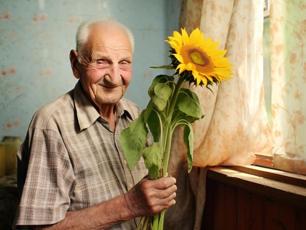 Medium shot man with sunflower