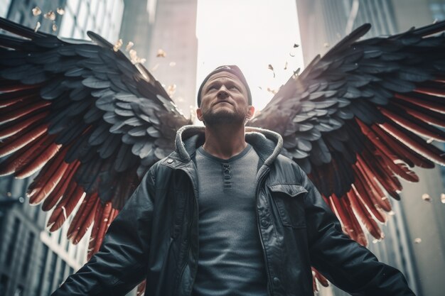 medium shot  man with wings flying