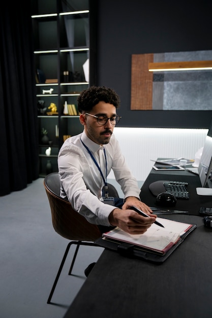 Medium shot man writing on notebook