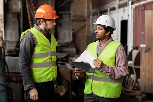 Medium shot men discussing at work