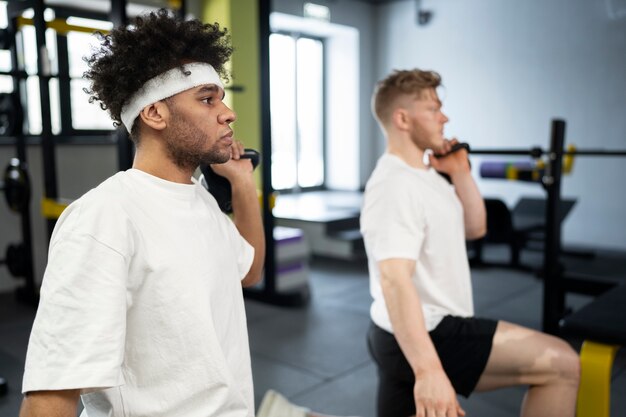 Uomini di tiro medio che si esercitano con i kettlebell