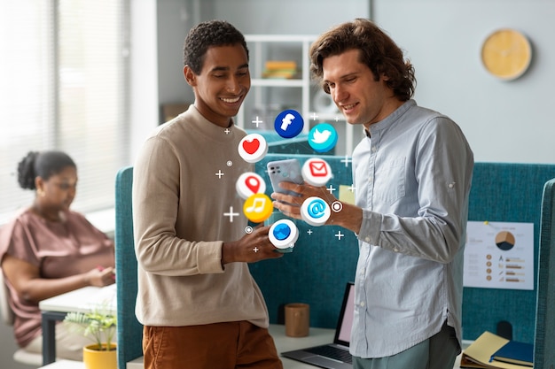 Medium shot men holding smartphone