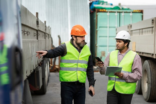 Medium shot men looking at truck