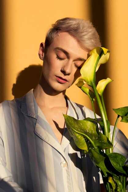 Medium shot model holding flowers