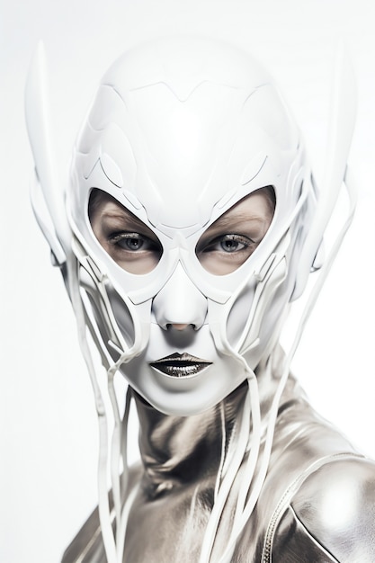 Medium shot model posing with futuristic mask