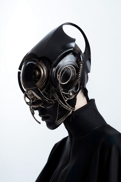 Medium shot model posing with futuristic mask
