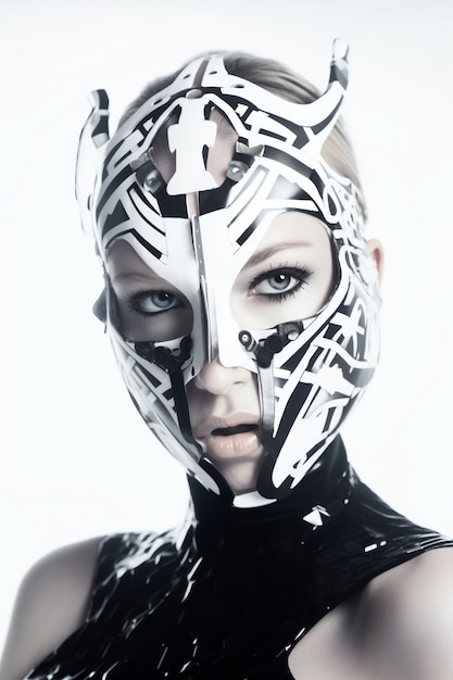 Medium shot model posing with futuristic mask