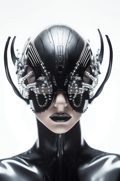 Medium shot model posing with futuristic mask