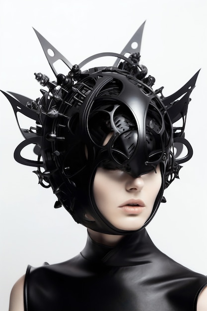 Medium shot model posing with futuristic mask