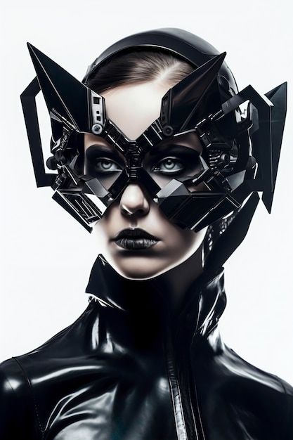 Medium shot model posing with futuristic mask