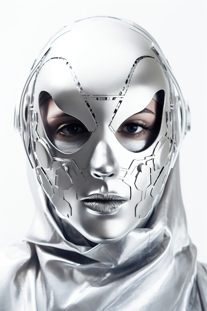 Free photo medium shot model posing with futuristic mask