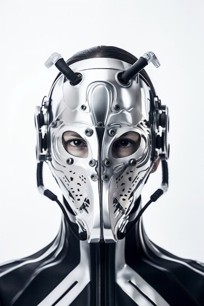 Medium shot model posing with futuristic mask