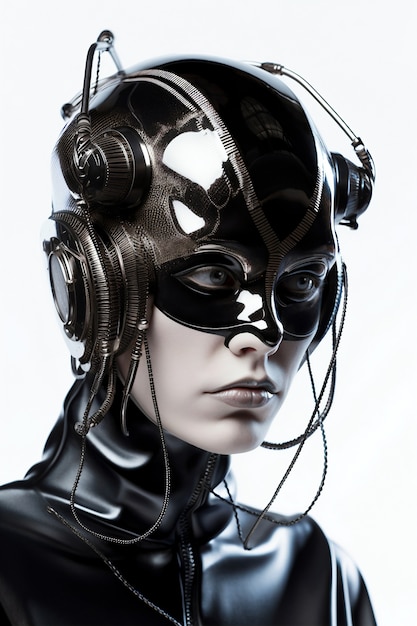 Medium shot model posing with futuristic mask