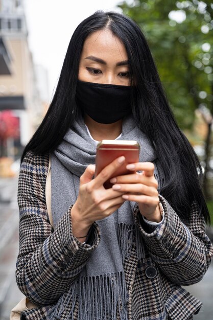 medium shot model wearing protection mask