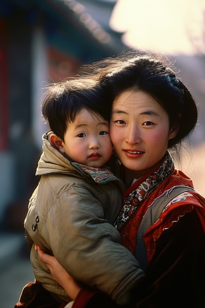 Medium shot mother holding child