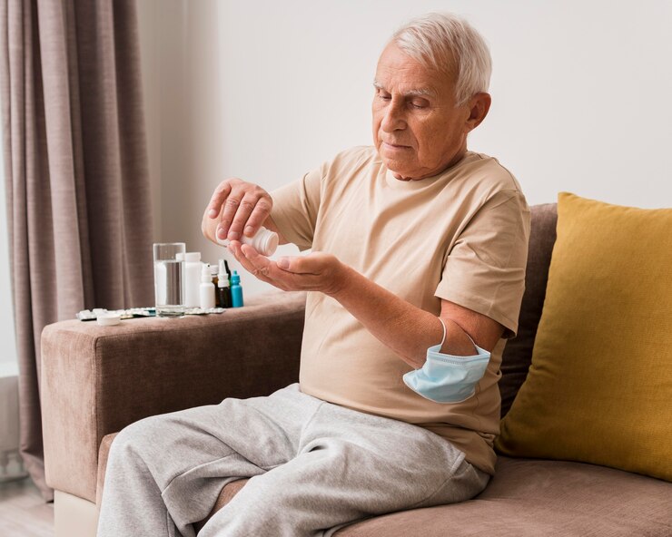 Free Photo medium shot old man taking pills