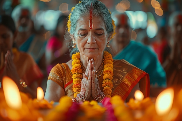 Free photo medium shot old woman celebrating tamil new year