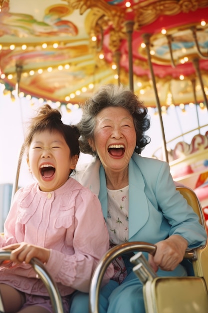 Free photo medium shot old woman and kid in carousel