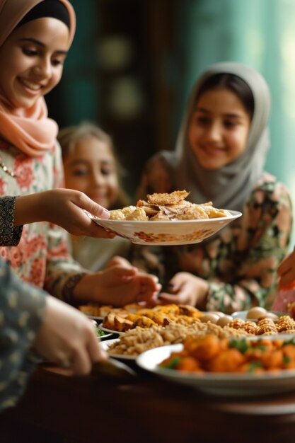 Eid al-fitr를 축하하는 중간 샷의 사람들