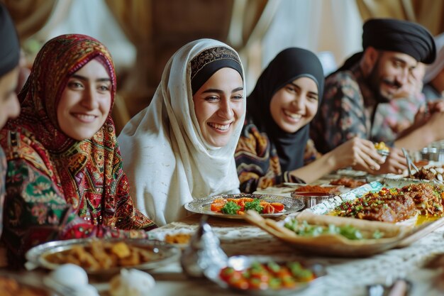 Eid al-fitr를 축하하는 중간 샷의 사람들