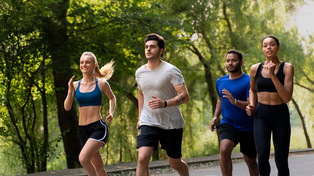 Medium shot people running together